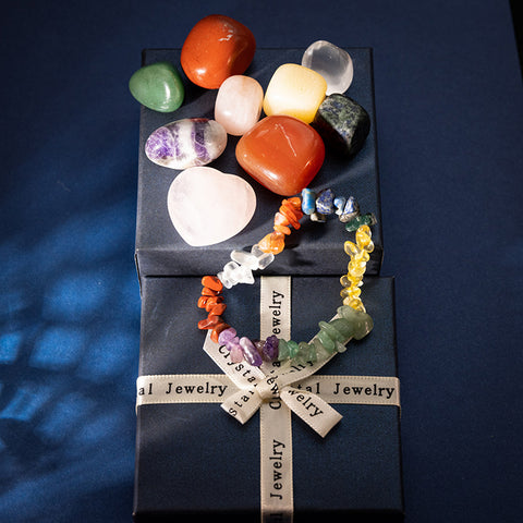 Mind-Body-Spirit Chakra Set - Seven Chakra Bracelet  Seven Chakra Tumble Stone Heart Rose Quartz Gemstone Box