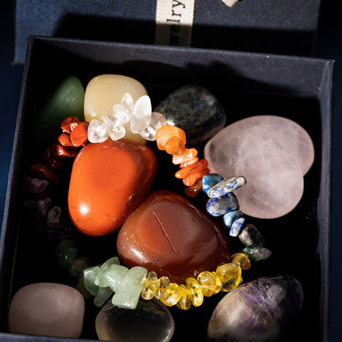 Mind-Body-Spirit Chakra Set - Seven Chakra Bracelet  Seven Chakra Tumble Stone Heart Rose Quartz Gemstone Box