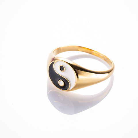 Illuminated Flow - Yin Yang Feng Shui Signet Stainless Steel Ring