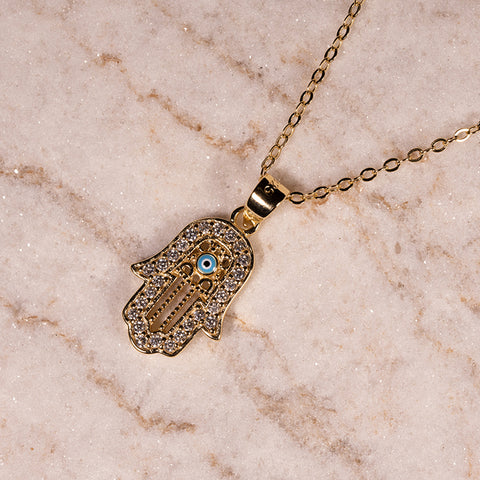 Divine Realm Energy - Hamsa Blue Enamel 14K Gold Cubic Zirconia Pendant Necklace