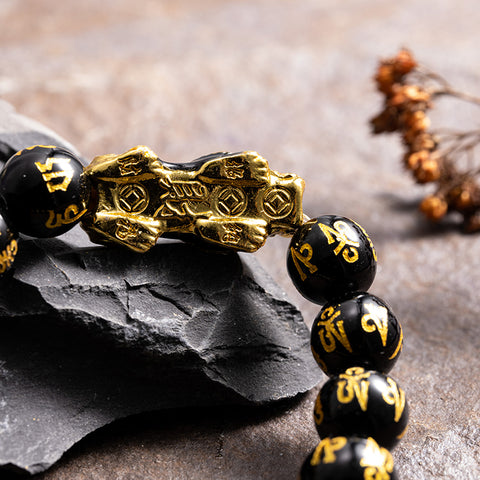 Wealth Treasure - Black Agate 18K Gold Cover Brass Gragon Feng Shui  Pixiu Bracelet