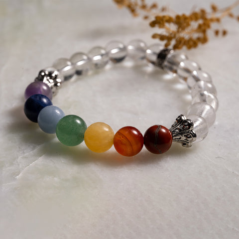 Soulful Serenity - Crystal Quartz Seven Chakras Multi Stone April Birthstone Bracelet