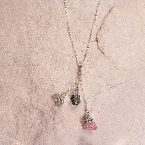 Divine Harmony - Emerald May Birthstone Pink Tourmaline October Birthstone Rose Quartz 925 Sterling Silver Chain Necklace