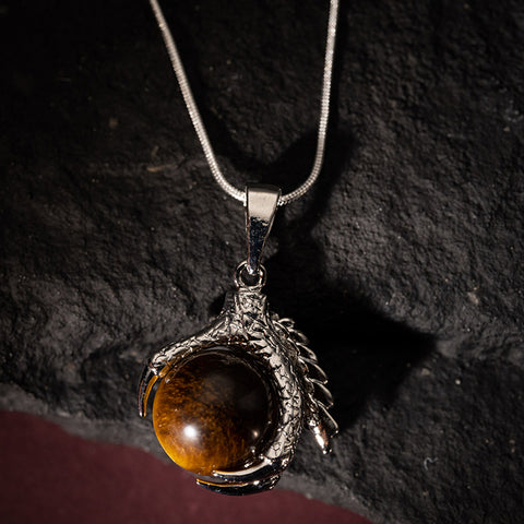 Celestial Guardian - Yellow Tiger Eye Dragon Claw 925 Sterling Silver Necklace