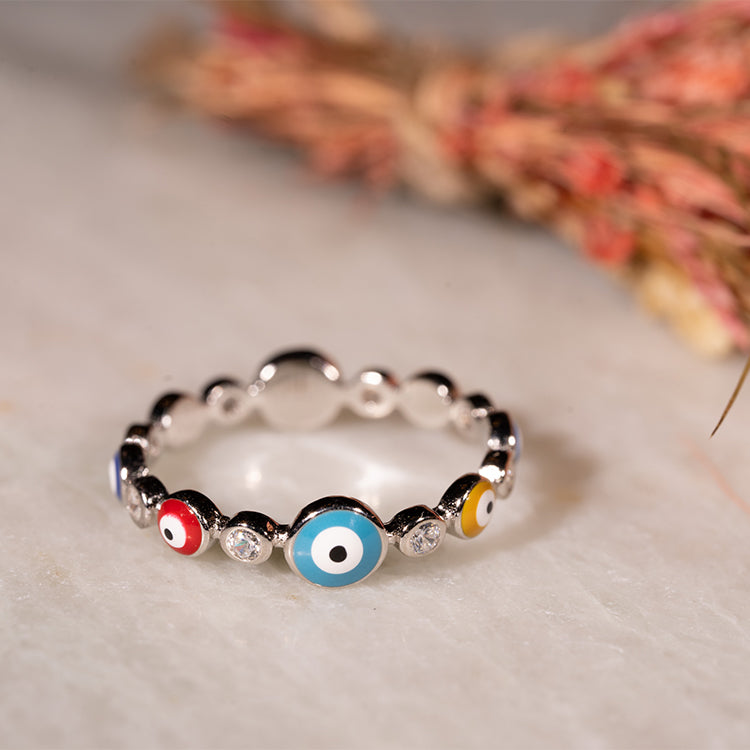 Eye of Protection - Evil Eye Multicolor Enamel 925 Sterling Silver Cubic Zirconia Ring