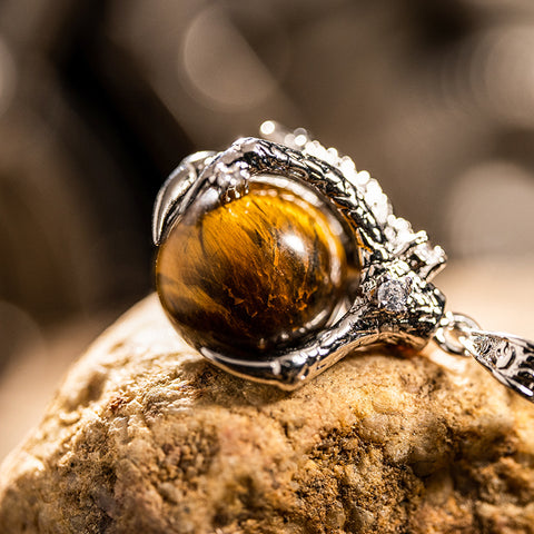 Celestial Guardian - Yellow Tiger Eye Dragon Claw 925 Sterling Silver Necklace