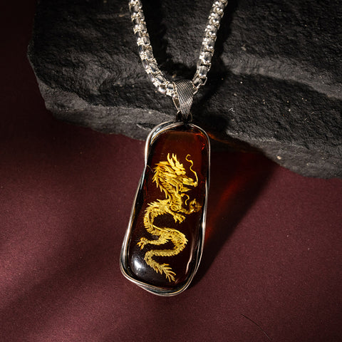 Sovereign Guardian - Genuine Baltic Natural Amber Chinese Dragon Necklace