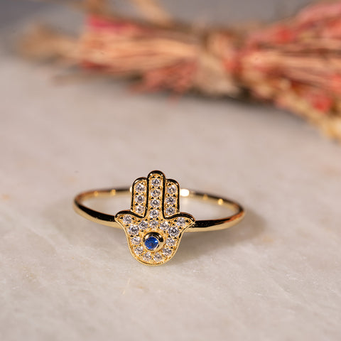 Divine Touch - Hamsa 14K Gold Over 925 Sterling Silver Cubic Zirconia Ring