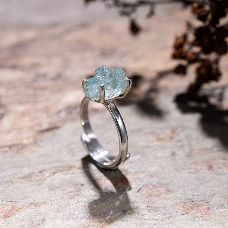 Oceanic Serenity - Aquamarine March Birthstone Adjustable 925 Sterling Silver Ring