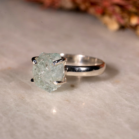 Serenity Stone - Aquamarine Rough March Birthstone 925 Sterling Silver Ring