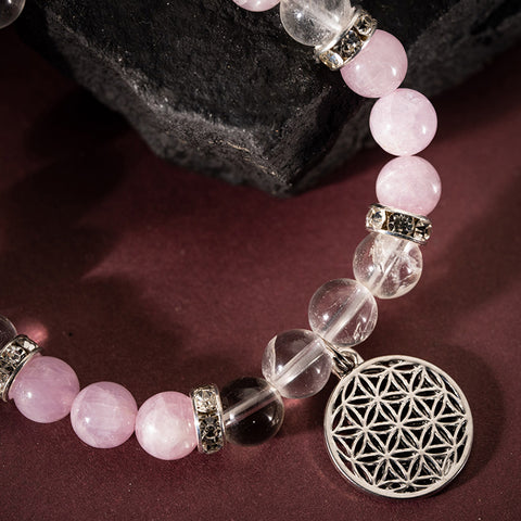 Celestial Mandala - Crystal Quartz Kunzite Flower of Life April Birthstone Bracelet