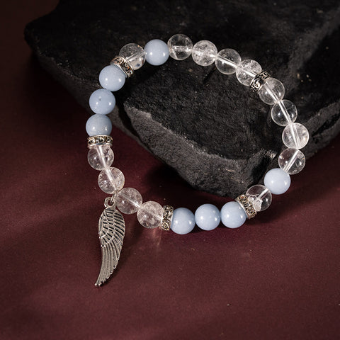 Source of Balance - Angelite Crystal Quartz Angel Wings April Birthstone Bracelet