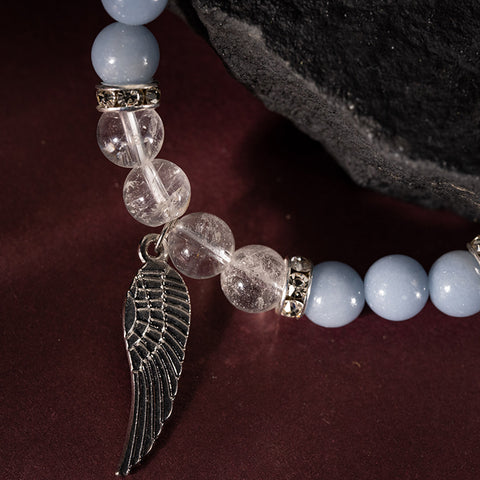 Source of Balance - Angelite Crystal Quartz Angel Wings April Birthstone Bracelet