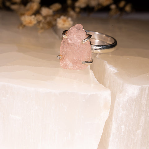 Compassionate Love - Morganite Rough Irregular Graceful Serene 925 Sterling Silver Ring