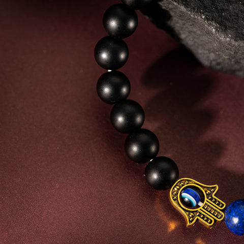 Mystic Guardian - Shungite Lapis Lazuli Hamsa Charm 18K Gold Brass  Bracelet