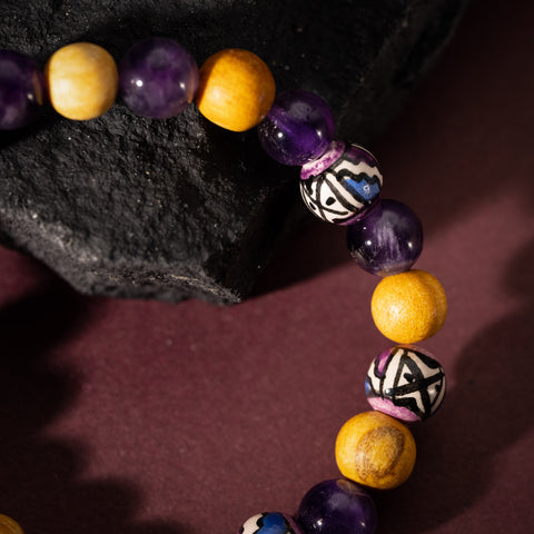 Harmony Adornment - Amethyst Palo Santo Patterned Pottery Beads February Birthstone Bracelet
