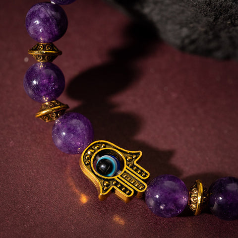 Mystic Amulet - Amethyst Hamsa Charm 14K Gold Cove Brass February Birthstone Bracelet