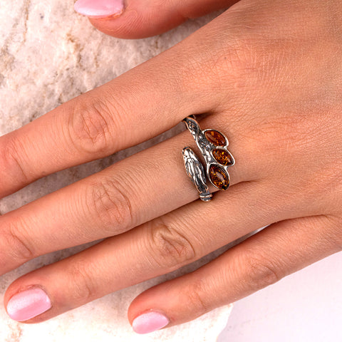 Blessings of the Dragon - Genuine Baltic Natural Amber Dragon 925 Sterling Silver Ring