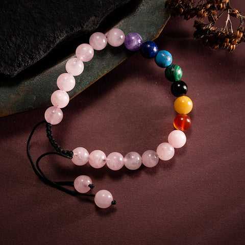 Awareness Reflection - Rose Quartz Seven Chakras Multi Stone Adjustable Bracelet