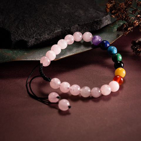 Awareness Reflection - Rose Quartz Seven Chakras Multi Stone Adjustable Bracelet