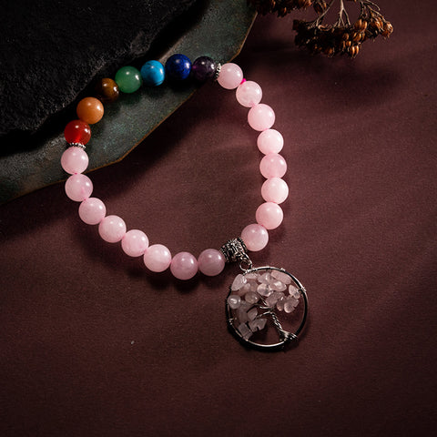 Serene Haven - Rose Quartz Seven Chakras Multi Stone Life of Tree Bracelet