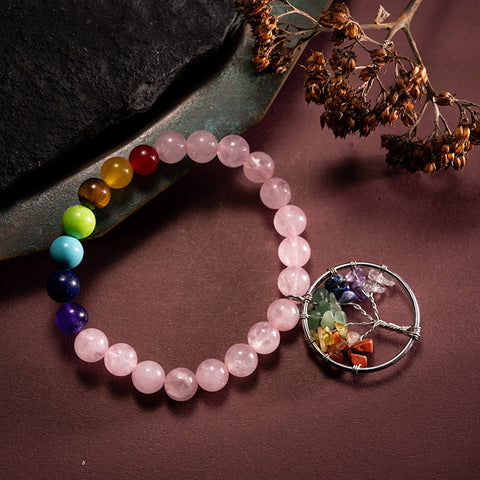 Blissful Spirit - Rose Quartz Seven Chakras Multi Stone Tree of Life Bracelet