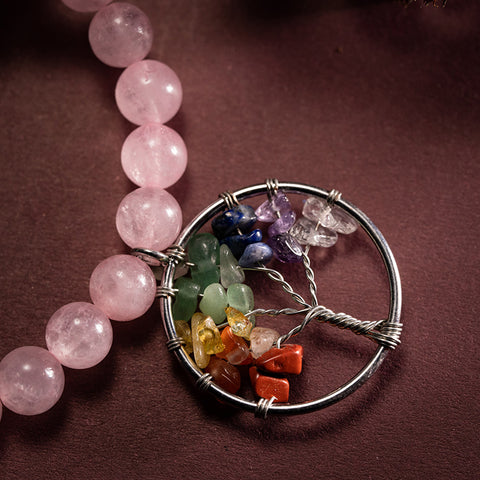 Blissful Spirit - Rose Quartz Seven Chakras Multi Stone Tree of Life Bracelet