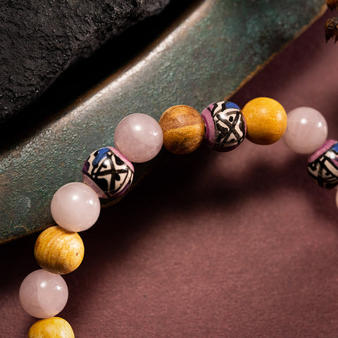 Beads of Harmony - Rose Quartz Palo Santo Patterned Pottery Beads Bracelet