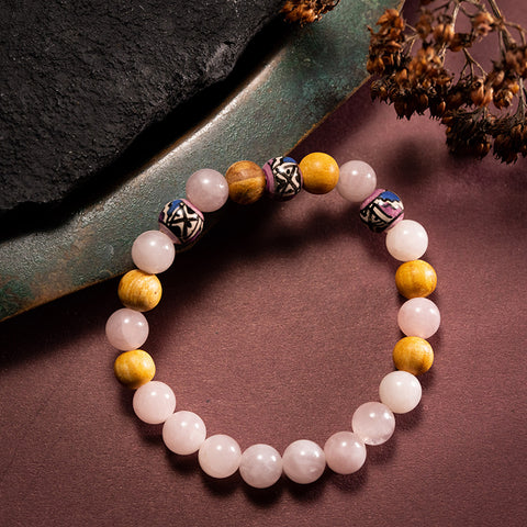 Beads of Harmony - Rose Quartz Palo Santo Patterned Pottery Beads Bracelet