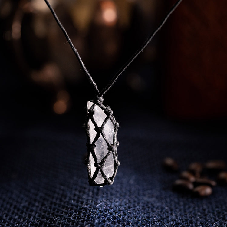 Serene Spirit - Crystal Quartz Black Cotton Cage April Birthstone Necklace