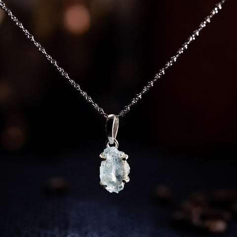 Protection from The Sea God - Raw Aquamarine March Birthstone 925 Sterling Silver Necklace