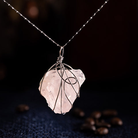 Love's Embrace - Raw Rose Quartz Silver Color Cage 925 Sterling Silver Chain Necklace