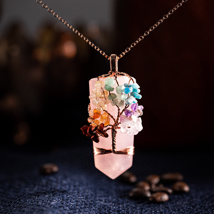 Enlightened Love - Rose Quartz Seven Chakras Multi Stone Tree Of Life Necklace
