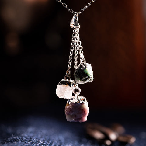 Divine Harmony - Emerald May Birthstone Pink Tourmaline October Birthstone Rose Quartz 925 Sterling Silver Chain Necklace