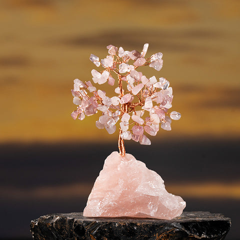 Interdependent Bliss - Rose Quartz Irregular Rough Stone Base Feng Shui Tree