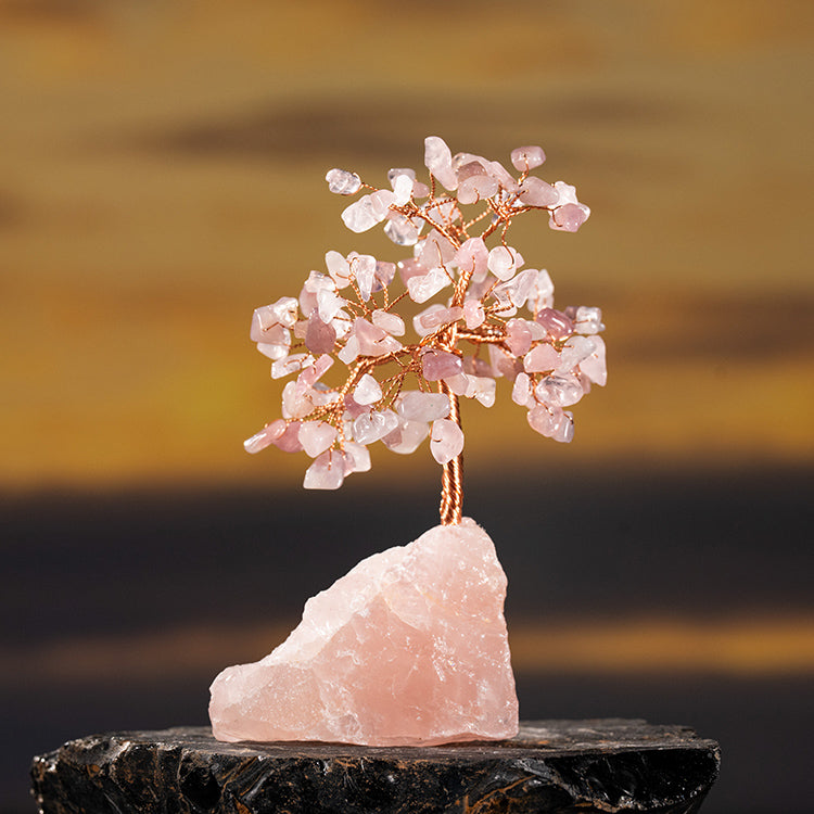 Interdependent Bliss - Rose Quartz Irregular Rough Stone Base Feng Shui Tree