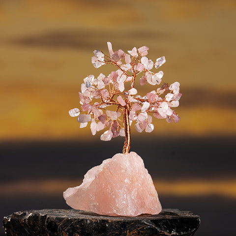 Interdependent Bliss - Rose Quartz Irregular Rough Stone Base Feng Shui Tree