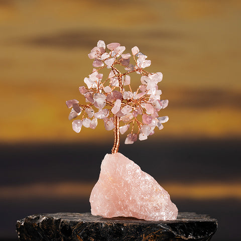 Interdependent Bliss - Rose Quartz Irregular Rough Stone Base Feng Shui Tree