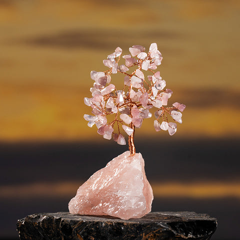 Interdependent Bliss - Rose Quartz Irregular Rough Stone Base Feng Shui Tree