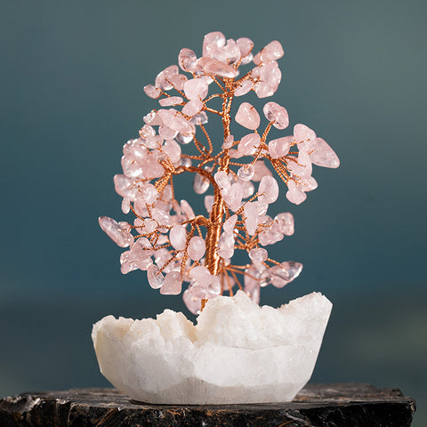 Heavenly Heart - Rose Quartz White Crystal Cluster Base Feng Shui Tree Of Life