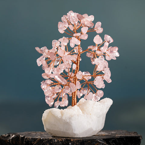 Heavenly Heart - Rose Quartz White Crystal Cluster Base Feng Shui Tree Of Life