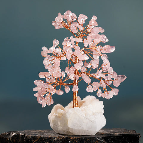 Heavenly Heart - Rose Quartz White Crystal Cluster Base Feng Shui Tree Of Life