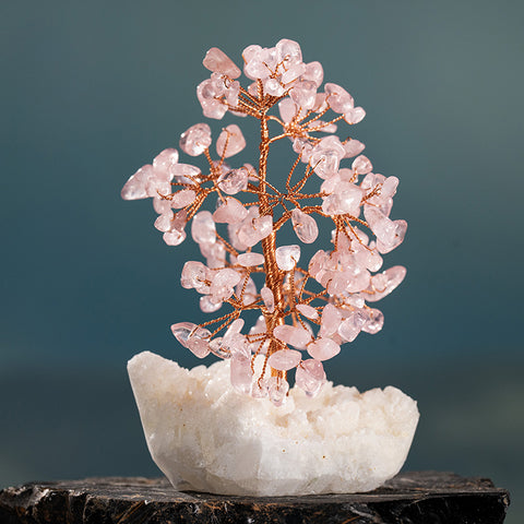 Heavenly Heart - Rose Quartz White Crystal Cluster Base Feng Shui Tree Of Life