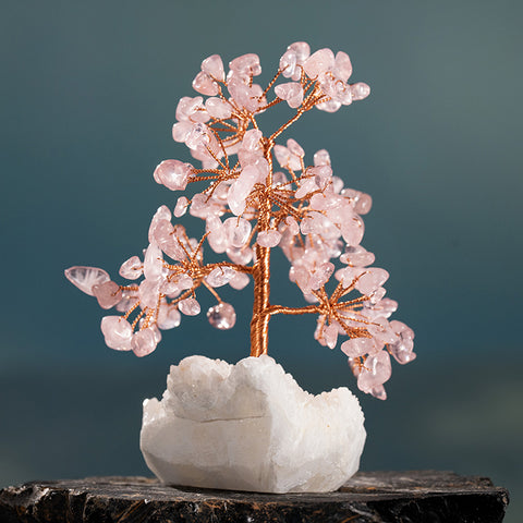 Heavenly Heart - Rose Quartz White Crystal Cluster Base Feng Shui Tree Of Life