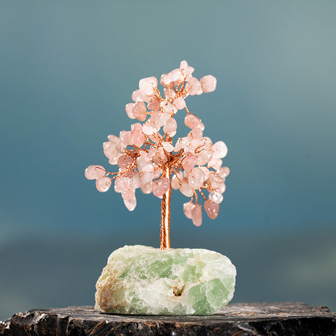 Tranquility Oasis - Rose Quartz Green Calcite Base Feng Shui Tree Of Life