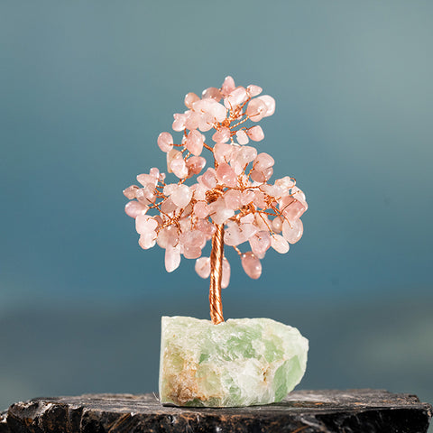 Tranquility Oasis - Rose Quartz Green Calcite Base Feng Shui Tree Of Life