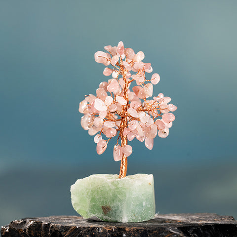 Tranquility Oasis - Rose Quartz Green Calcite Base Feng Shui Tree Of Life