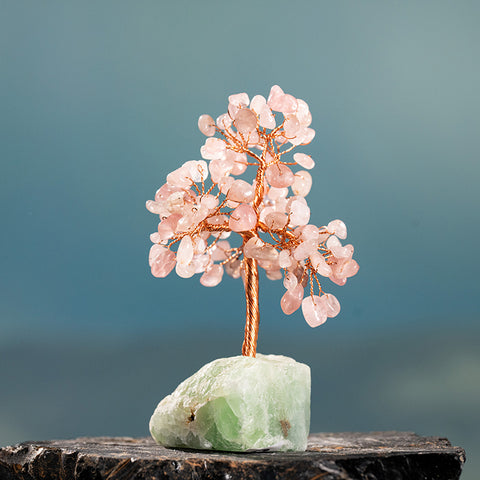 Tranquility Oasis - Rose Quartz Green Calcite Base Feng Shui Tree Of Life