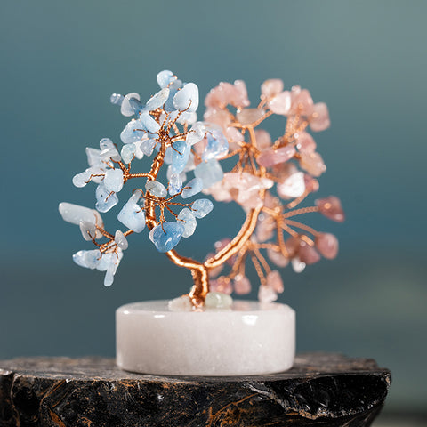 Eden Garden - Aquamarine March Birthstone Rose Quartz White Jade Base Feng Shui Tree